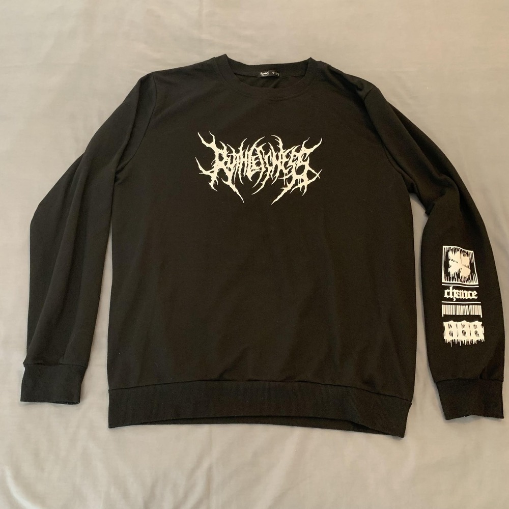 Romwe Sweatshirt Mens XL Black White Ruthless Graphic Chance Metal Band Crewneck